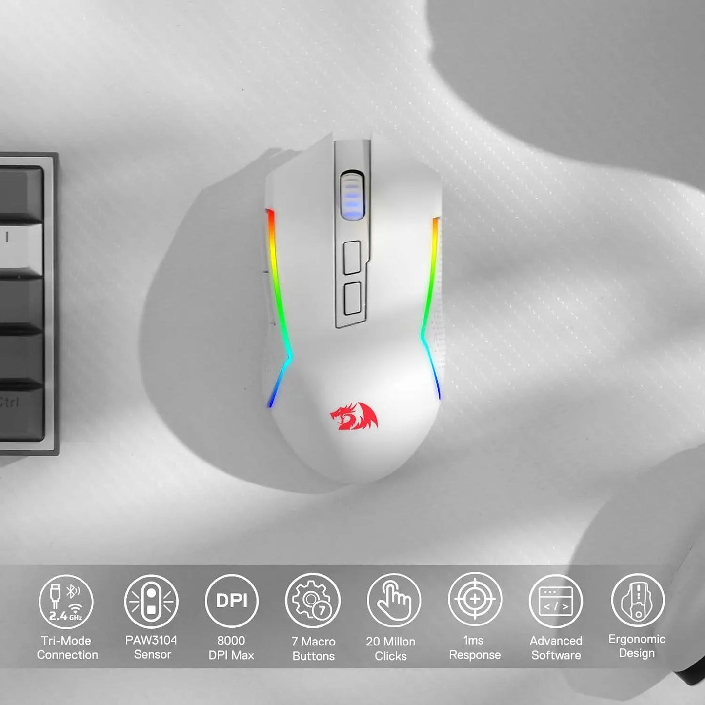 M693 Wireless/Wired BT & 2.4G Bluetooth Gaming 8000 DPI Mouse 3-Mode Connection RGB Backlight for Pc/Mac/Laptop, White